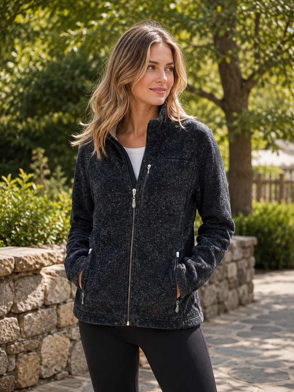 Dakini Heathered Black Polar Fleece Zip Jacket Womens M